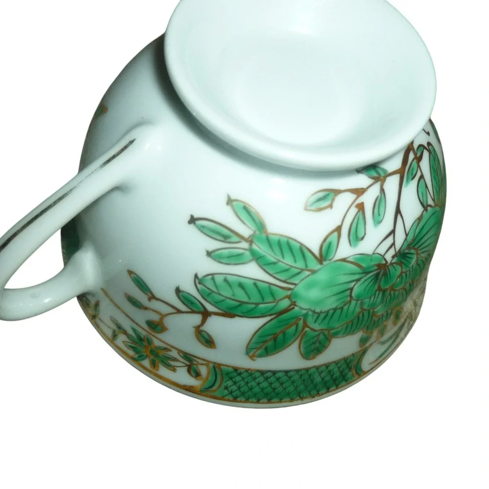 Vintage Chinese Famille Verte Style Teacup & Saucer Green Phoenix Bird Gold Gilt